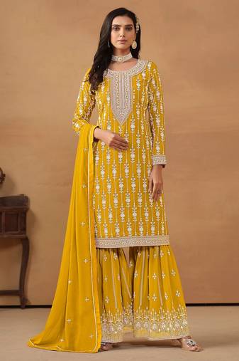 Yellow georgette embroidery & sequins semi stitched suit size up to 42