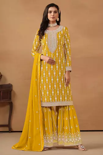 Yellow georgette embroidery & sequins semi stitched suit size up to 42