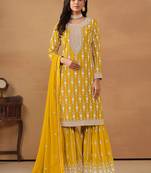 Yellow georgette embroidery & sequins semi stitched suit size up to 42