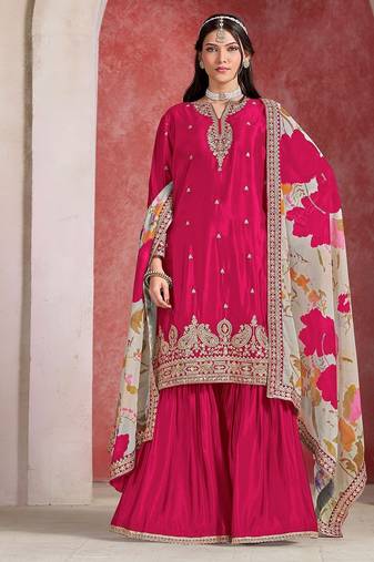 Rani pink chinnon embroidered work and printed dupatta free size stitch suit size up to 42