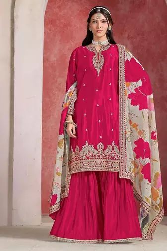 Rani pink chinnon embroidered work and printed dupatta free size stitch suit size up to 42