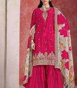 Rani pink chinnon embroidered work and printed dupatta free size stitch suit size up to 42