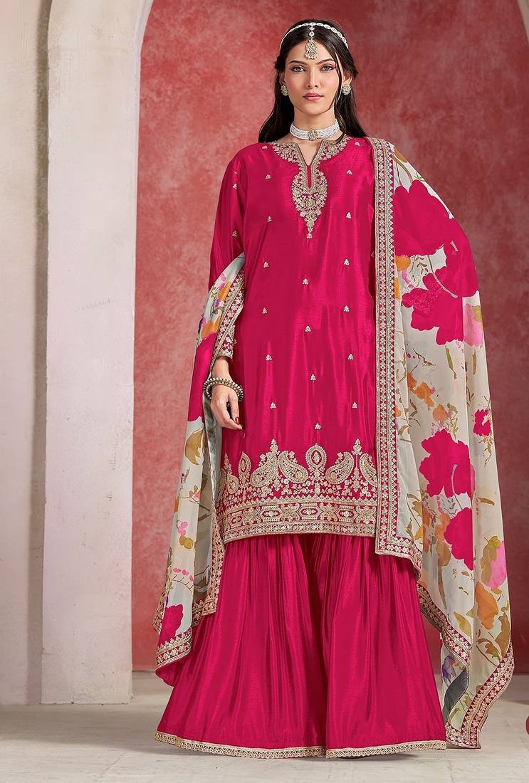 Rani pink chinnon embroidered work and printed dupatta free size stitch suit size up to 42