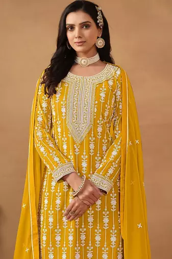 Yellow georgette embroidery & sequins semi stitched suit size up to 42