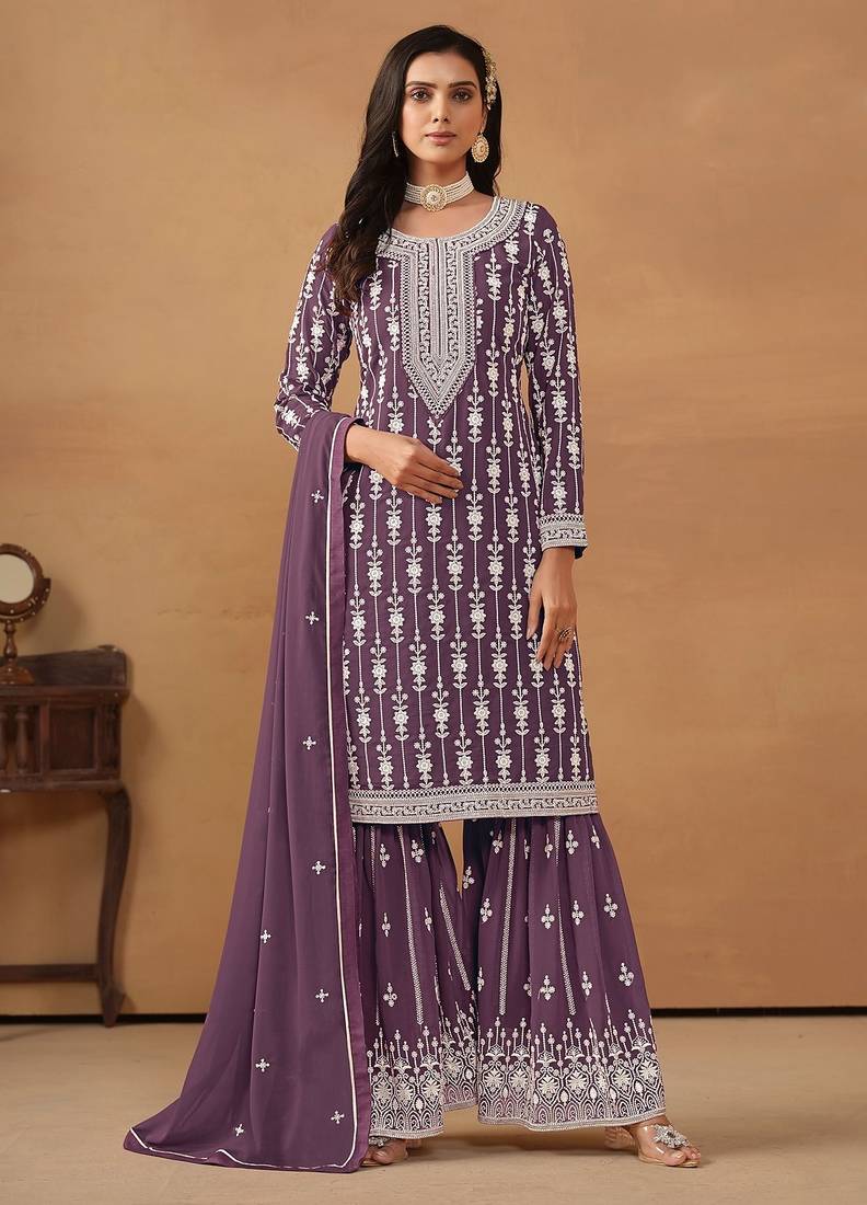 Purple georgette embroidery & sequins semi stitched suit size up to 42