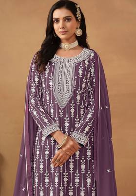 Purple georgette embroidery & sequins semi stitched suit size up to 42 2