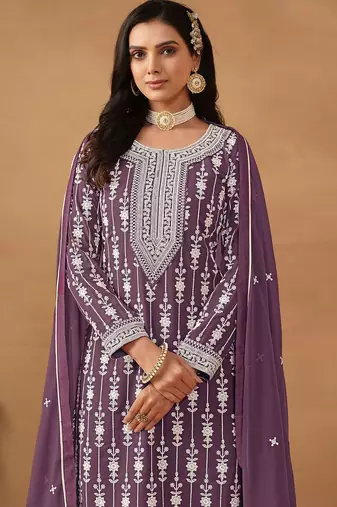 Purple georgette embroidery & sequins semi stitched suit size up to 42