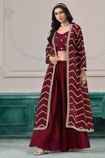 Maroon chinnon zari embroidery & sequins free size stitch suit size up to 42