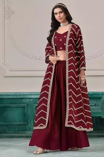 Maroon chinnon zari embroidery & sequins free size stitch suit size up to 42