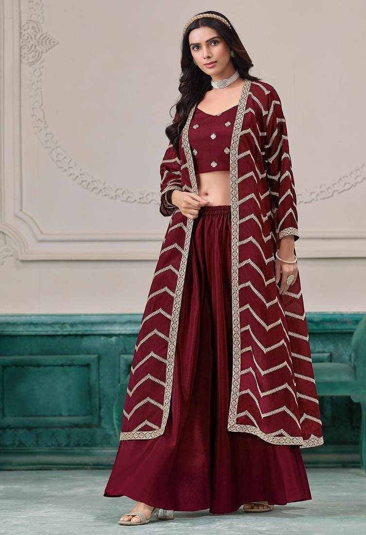 Maroon chinnon zari embroidery & sequins free size stitch suit size up to 42