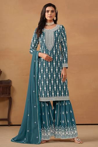 Teal blue georgette embroidery & sequins semi stitched suit size up to 42