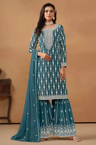 Teal blue georgette embroidery & sequins semi stitched suit size up to 42