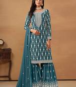 Teal blue georgette embroidery & sequins semi stitched suit size up to 42