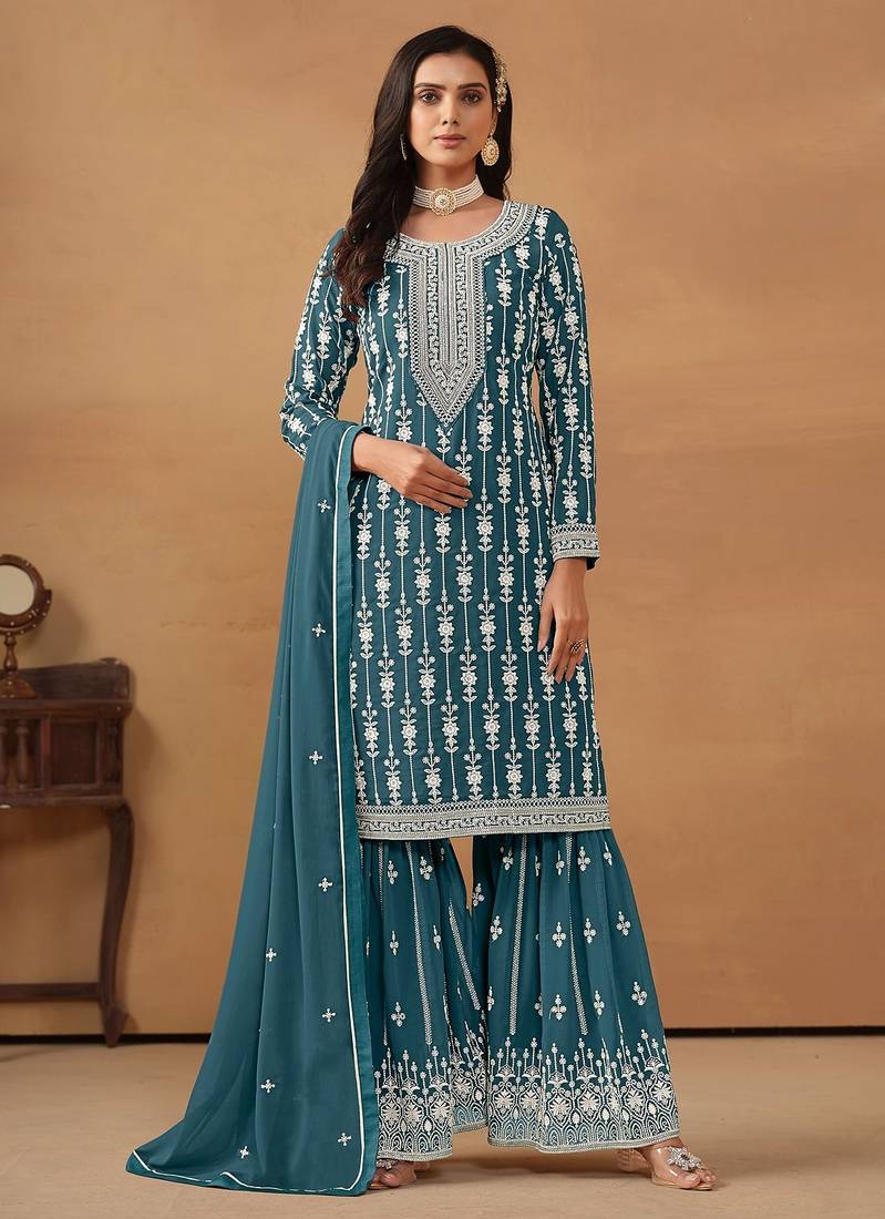 Teal blue georgette embroidery & sequins semi stitched suit size up to 42