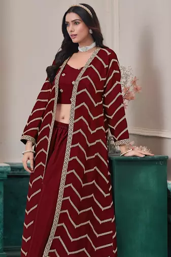 Maroon chinnon zari embroidery & sequins free size stitch suit size up to 42