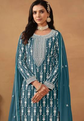 Teal blue georgette embroidery & sequins semi stitched suit size up to 42 2