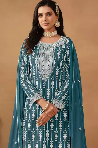 Teal blue georgette embroidery & sequins semi stitched suit size up to 42