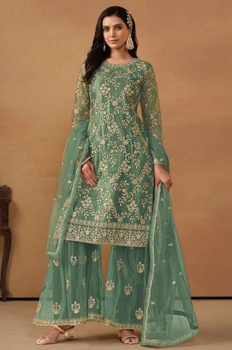 Turquoise net embroidery & sequins semi stitched suit size up to 42