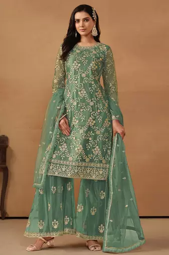 Turquoise net embroidery & sequins semi stitched suit size up to 42