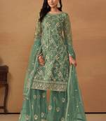 Turquoise net embroidery & sequins semi stitched suit size up to 42