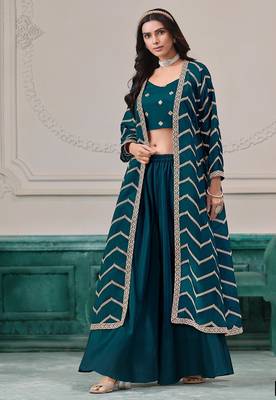 Blue chinnon zari embroidery & sequins free size stitch suit size up to 42 1