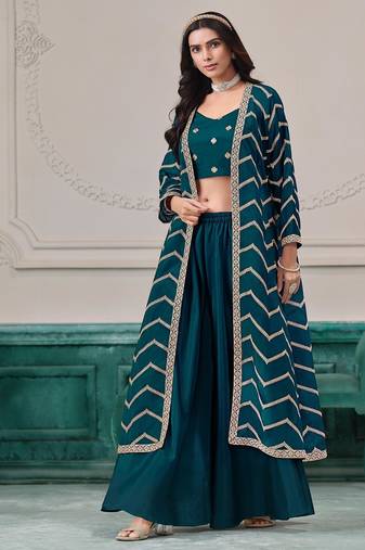 Blue chinnon zari embroidery & sequins free size stitch suit size up to 42