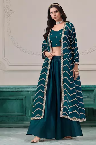 Blue chinnon zari embroidery & sequins free size stitch suit size up to 42