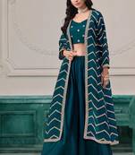 Blue chinnon zari embroidery & sequins free size stitch suit size up to 42