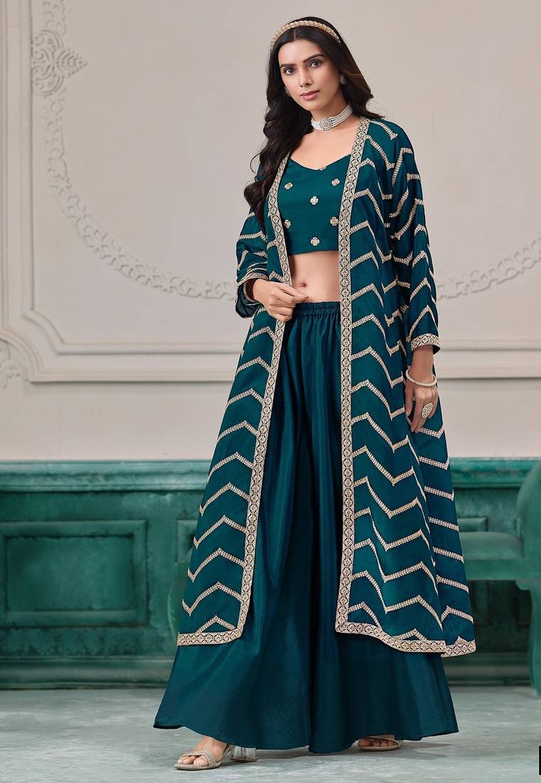 Blue chinnon zari embroidery & sequins free size stitch suit size up to 42