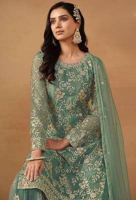 Turquoise net embroidery & sequins semi stitched suit size up to 42 2