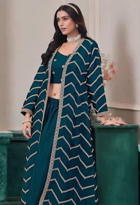 Blue chinnon zari embroidery & sequins free size stitch suit size up to 42 2