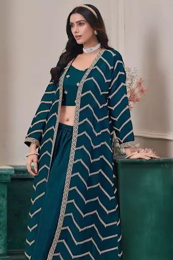 Blue chinnon zari embroidery & sequins free size stitch suit size up to 42