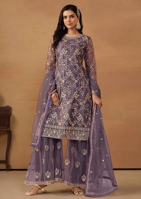 Purple net embroidery & sequins semi stitched suit size up to 42 1