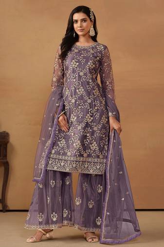 Purple net embroidery & sequins semi stitched suit size up to 42
