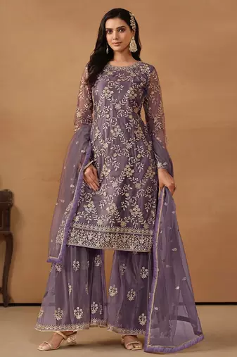 Purple net embroidery & sequins semi stitched suit size up to 42