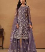 Purple net embroidery & sequins semi stitched suit size up to 42
