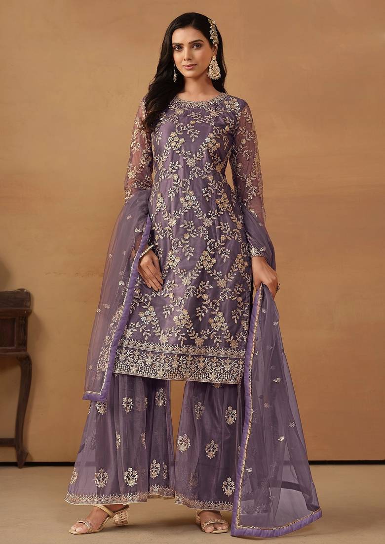 Purple net embroidery & sequins semi stitched suit size up to 42