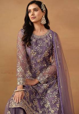 Purple net embroidery & sequins semi stitched suit size up to 42 2