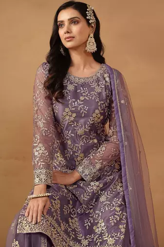 Purple net embroidery & sequins semi stitched suit size up to 42