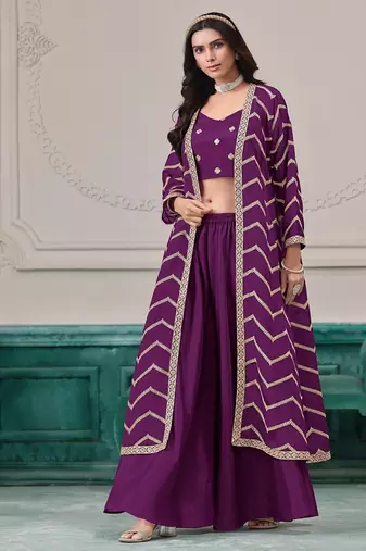 Purple chinnon zari embroidery & sequins free size stitch suit size up to 42