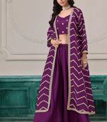 Purple chinnon zari embroidery & sequins free size stitch suit size up to 42
