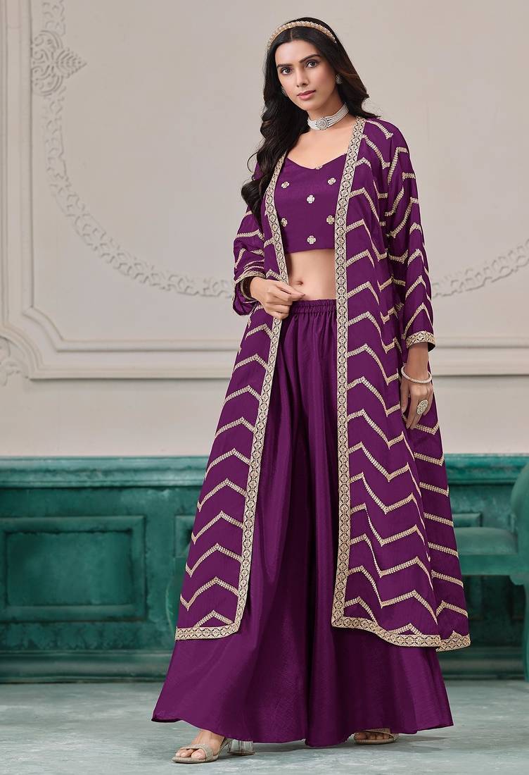 Purple chinnon zari embroidery & sequins free size stitch suit size up to 42