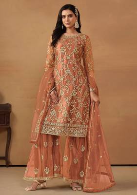 Peach net embroidery & sequins semi stitched suit size up to 42 1