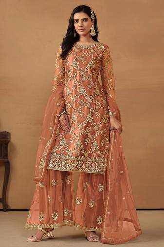 Peach net embroidery & sequins semi stitched suit size up to 42