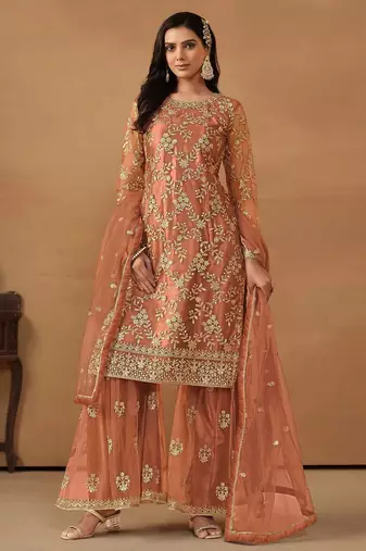 Peach net embroidery & sequins semi stitched suit size up to 42
