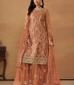 Peach net embroidery & sequins semi stitched suit size up to 42