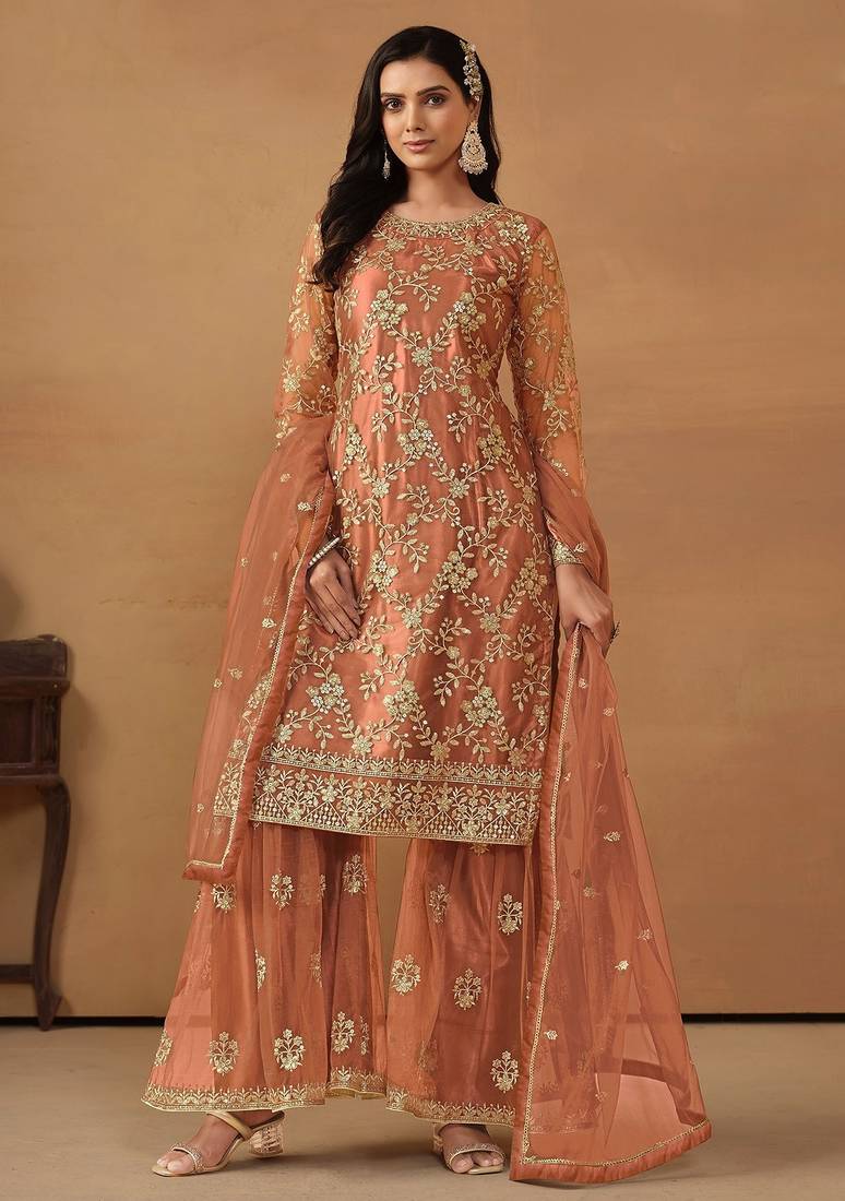 Peach net embroidery & sequins semi stitched suit size up to 42