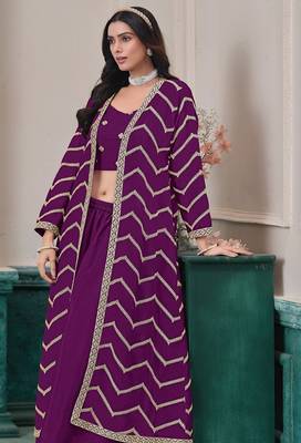 Purple chinnon zari embroidery & sequins free size stitch suit size up to 42 2