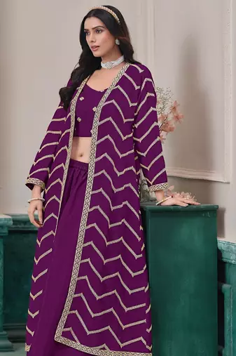 Purple chinnon zari embroidery & sequins free size stitch suit size up to 42