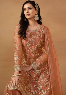 Peach net embroidery & sequins semi stitched suit size up to 42 2